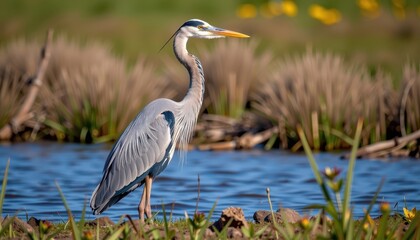 Majestic great blue heron standing tall in wetland, long neck curved, sharp beak, gray-blue plumage, serene posture, long neck, fauna