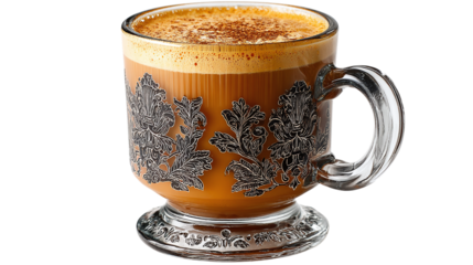 Pumpkin spice latte in a gothic glass mug, isolated on transparent background 
