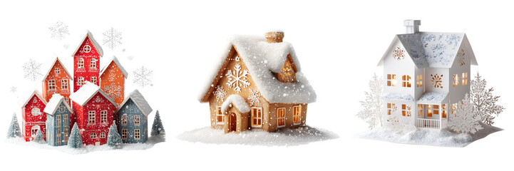 Set of Holiday-themed house exterior with glowing decorations, pine trees, and gift boxes arranged neatly on transparent png background. Ai generated