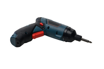 Cordless battery-powered screwdriver drill on white background