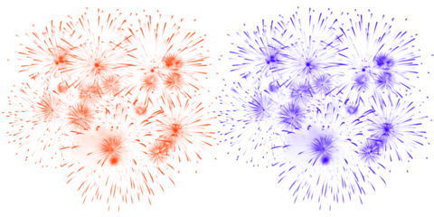 Two colorful fireworks displays, one orange and one purple, isolated on transparent background