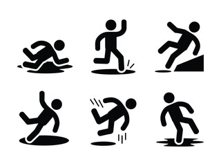 Cautionary stick figures showcase common tripping and falling hazards, perfect for safety campaigns, risk awareness, and prevention education designs