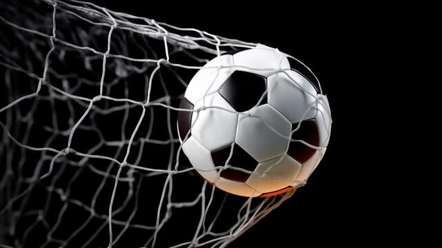 Classic black and white soccer ball hitting the goal net isolated on dark background in dynamic action
