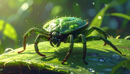 Green spider on dewy leaf