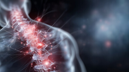 Spine illustration, red glowing pressure points, labeled nerves and vertebrae, medical injury and treatment focus