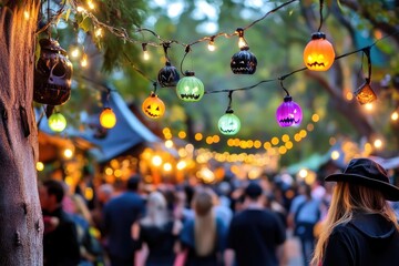 Witch at vibrant halloween festival with glowing lanterns and market stalls