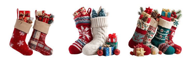 Set of Red Santa sock, crystal-like snowflake, and small Finland flag arranged on white background on transparent png background. Ai generated