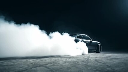 Sports car drifting with smoke on dark track creating dramatic racing scene with speed and power