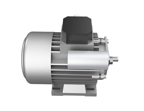Detailed 3D render of a high-resolution silver industrial electric motor component, a heavy-duty ACDC machine part. Isolated on a PNG transparent background for mechanical engineering projects and DIY