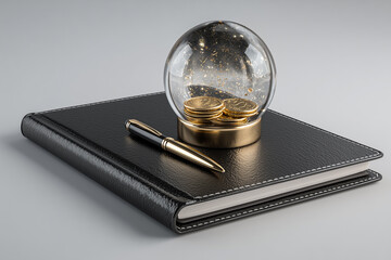 Black leather notebook, gold pen and snow globe with gold coins inside on grey background

