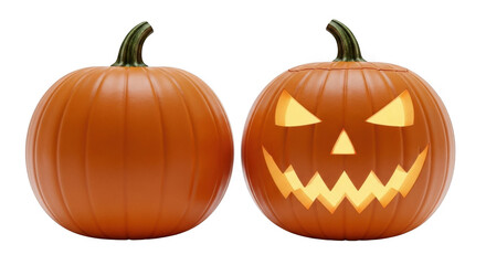 A carved jackolantern and a whole pumpkin sit sidebyside, isolated on a transparent background