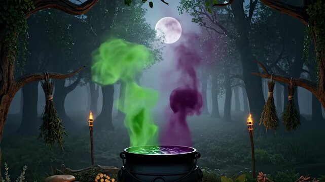 A witch's cauldron bubbles with a magic potion in a spooky forest at night. Green and purple smoke rises towards a full moon. Halloween witchcraft and fantasy animation