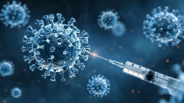 Vaccine syringe targeting virus cell microscopic view with medical research concept in blue background
