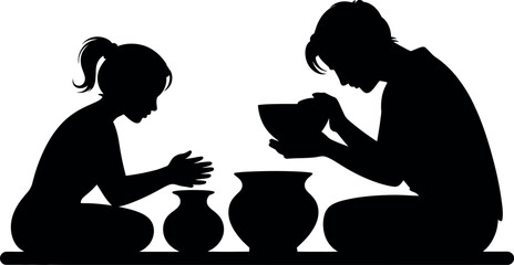 People crafting pottery together silhouette clay