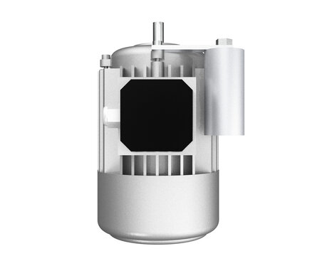 Detailed 3D render of a high-resolution silver industrial electric motor component, a heavy-duty ACDC machine part. Isolated on a PNG transparent background for mechanical engineering projects and DIY