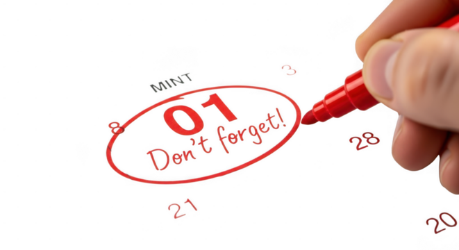 A hand holds a red marker, circling the number 01 and the words dont forget on a calendar page isolated on transparent background