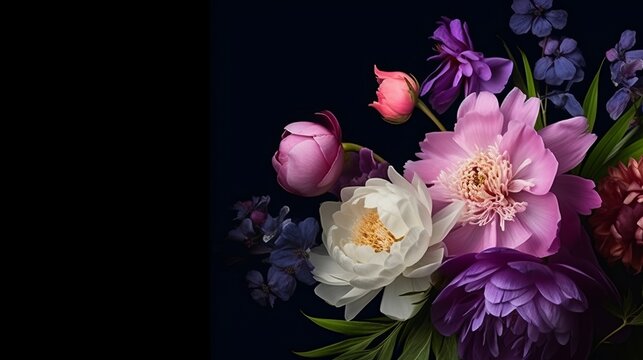 Romantic bouquet of vivid pastel flowers on black background. For Mother's day, Birthday greeting banner, card. Lilac and pink peonies, white cosmos and purple flowers. AI image. Copy space for text - Powered by Adobe