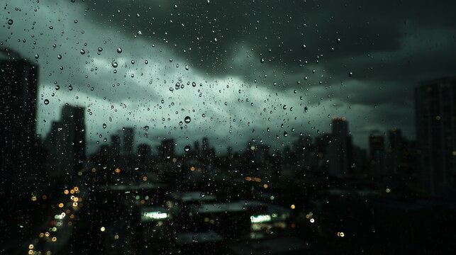Rainy window view with storm clouds and raindrops creating a blurry foreground, distant city lights glowing softly, atmospheric dark mood background perfect for emotional video or music.