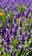 A vibrant field of lavender flowers in full bloom, bathed in sunlight, beautiful, countryside