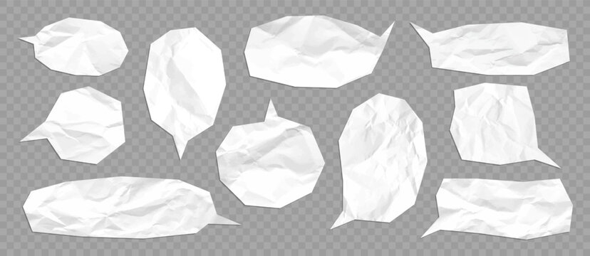 Vector paper cut speech bubbles with a wrinkled texture and shadow. Realistic crumpled paper mockup. Torn edges. Notebook page design template.