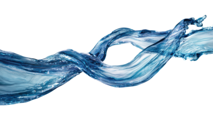 Dynamic flowing water wave, vibrant blue color, isolated on white background.