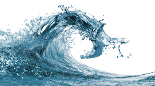 Dynamic ocean wave crashing, vibrant blue colors, isolated on white background.