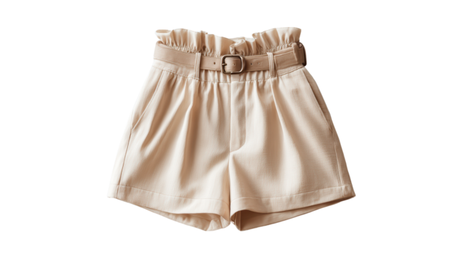 Fashionable beige shorts with a belt, perfect for summer styling against a white isolated background.