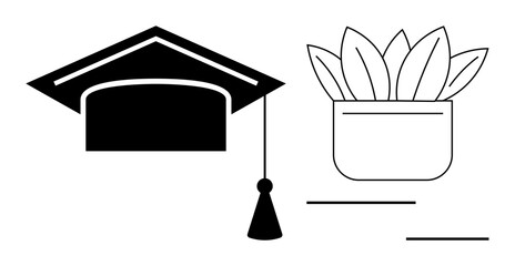 Graduation hat and plant emphasizing learning, achievement, growth. Ideal for education, success, life skills, motivation, career development knowledge academic progress. Simple flat metaphor