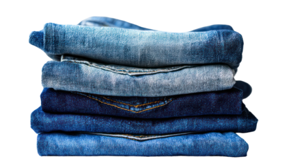 Stack of folded blue denim jeans isolated on transparent background