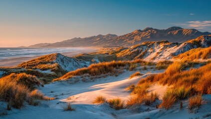 Naklejka premium Golden dunes meet ocean at sunset