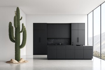 A modern kitchen design showcasing a tall saguaro cactus and sleek, dark cabinets against a bright backdrop.