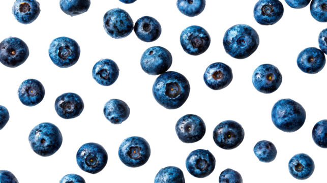 Fresh blueberries scattered on a surface, vibrant blue color, healthy snack option.