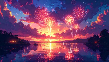 A vibrant, pixelated sunset scene with exploding fireworks over a tranquil lake, reflecting the colorful sky. Islands and silhouettes