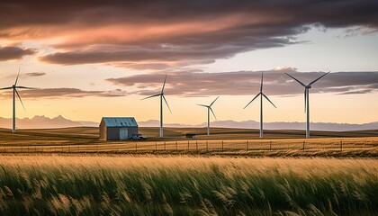 Sunset windmills producing green energy overlooking harvested agriculture fields and distant mountains with a rustic barn on the Canadian prairies