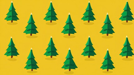 Obraz premium Stylish Christmas tree pattern vector illustration, green on yellow background, flat cartoon design with clean lines, high-resolution detail for holiday projects.