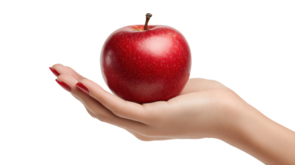 Fresh red apple held in a hand, isolated on white background.