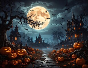 Halloween haunted town under a full moon