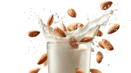 Glass of almond milk with splashes and flying almonds in a vibrant display.