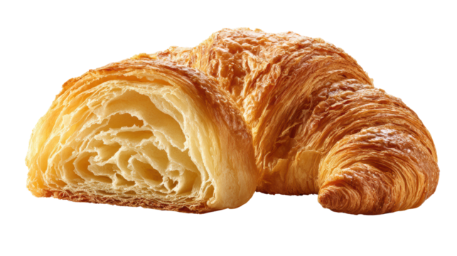 Freshly baked croissant, golden and flaky, on a white isolate background.