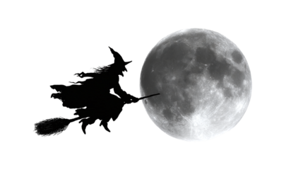 Scary witch flying on broomstick across the full moon, silhouette, isolated on transparent background, HD realistic