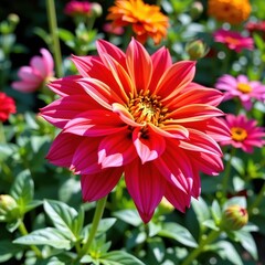 Obraz premium Vibrant blooms burst forth in a lush garden, showcasing a rainbow of colors and textures. Sun-drenched petals unfurl, attracting buzzing insects and creating a, wildlife, insect, tranquil