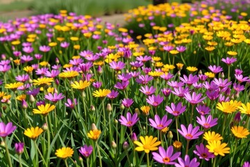 Vibrant pink and yellow wildflowers carpet a sun-drenched spring meadow, a breathtaking display of natural beauty, petal, nature, countryside
