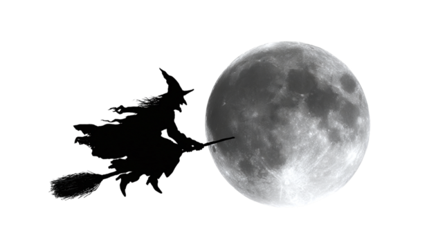 Scary witch flying on broomstick across the full moon, silhouette, isolated on transparent background, HD realistic 