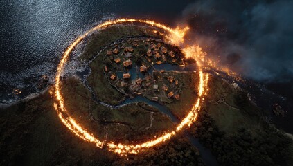 Aerial view of a circular island village engulfed in fire