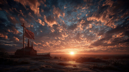 A poignant tribute to fallen heroes with a cross and american flag under a serene dusk sky
