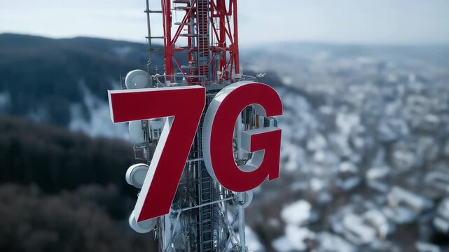 7g telecommunication towers overlooking snowy urban landscape