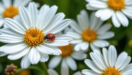 Obraz premium Close-up of delicate white marguerites with a ladybug resting on a petal, flora, natural
