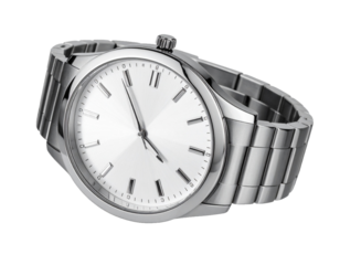 Minimalist Silver Wristwatch with Metal Bracelet Isolated on White Background