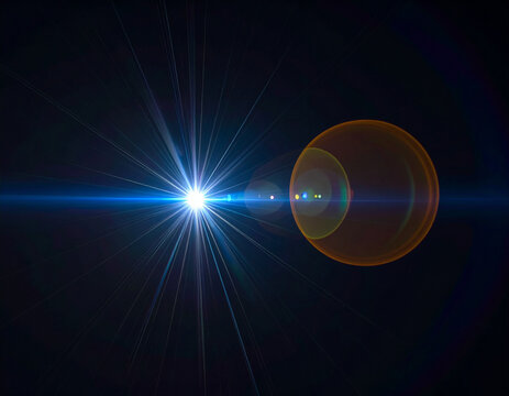 Bright blue starburst lens flare with orange orb light