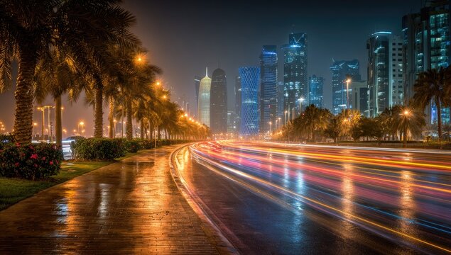 City street at night, wet asphalt, blurred car lights, palm trees, modern buildings